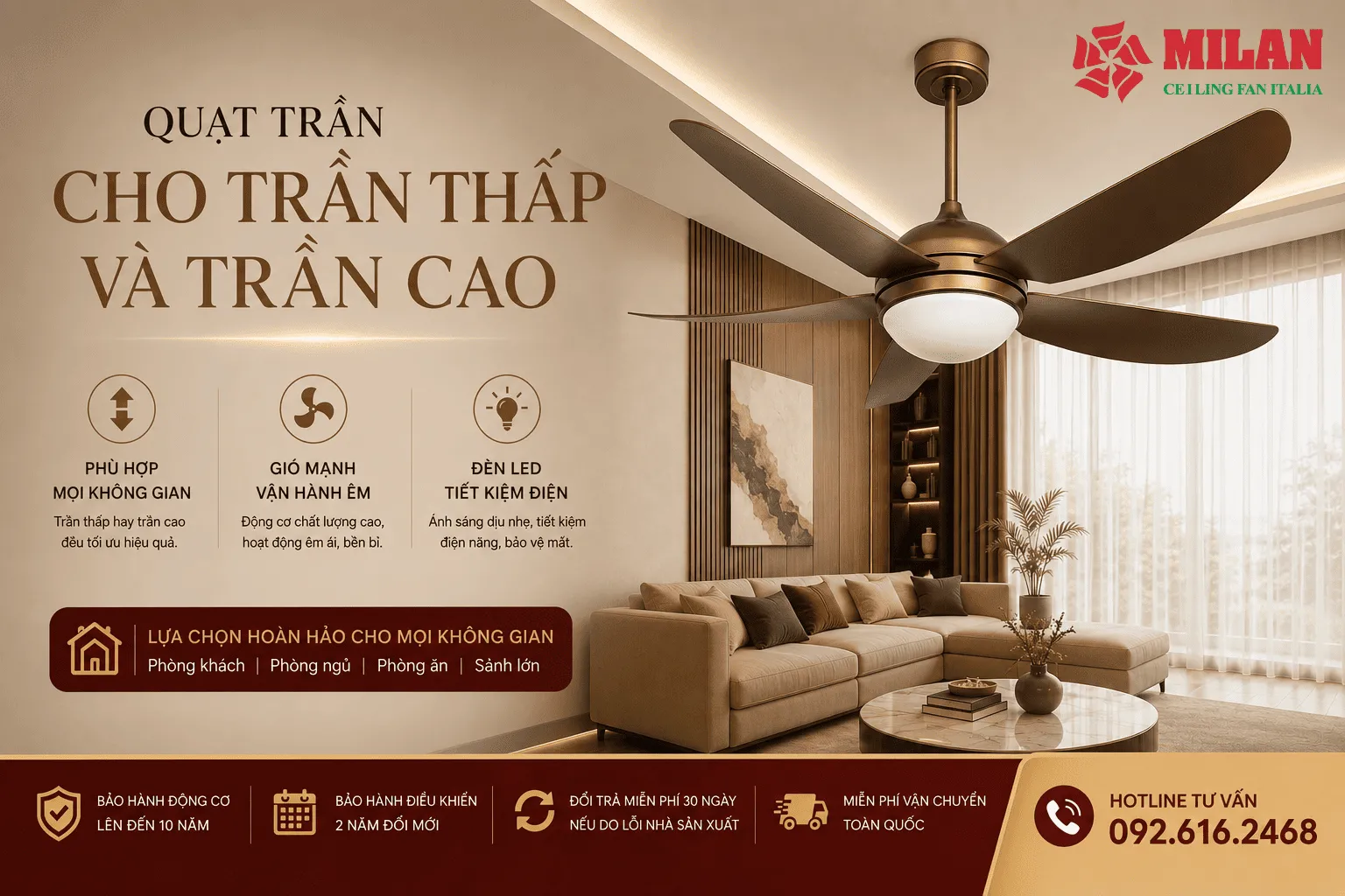 quạt trần cho trần thấp và trần cao